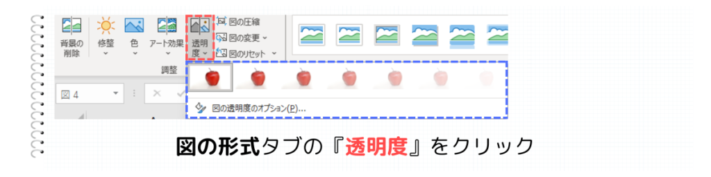 図の形式タブの『透明度』をクリック