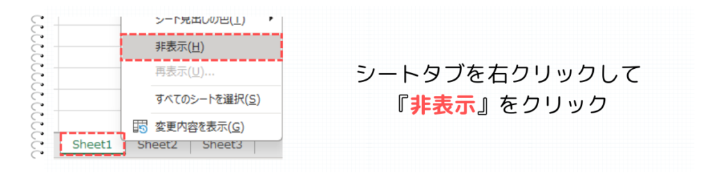 シートを右クリックして『非表示』をクリック