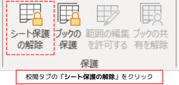 校閲タブの『シート保護の解除』をクリック